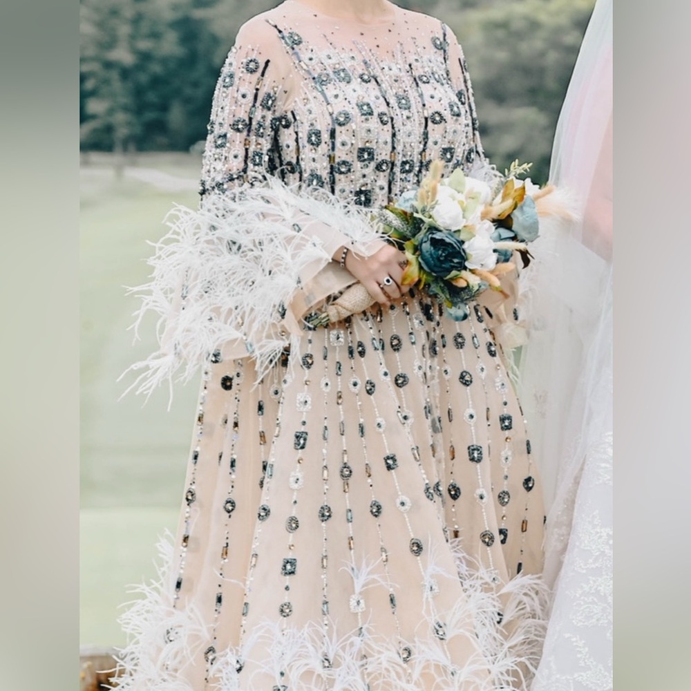 Cream Sequin Embellished Long Sleeve Gown - Picture 4 of 9